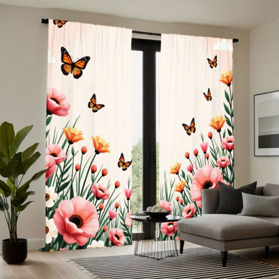 2Pcs rideaux papillon floraux, motif de jardin printanier, passe-tringle soleil bloquant, style naturel, toutes saisons pour le salon