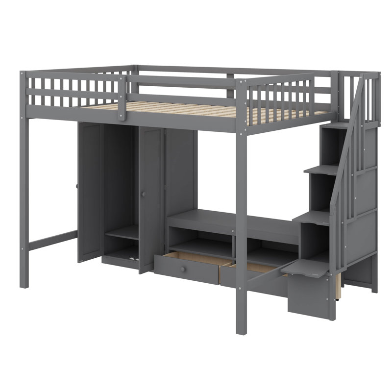Structure de lit mezzanine robuste avec garde-robe intégrée et escalier de rangement, Gris