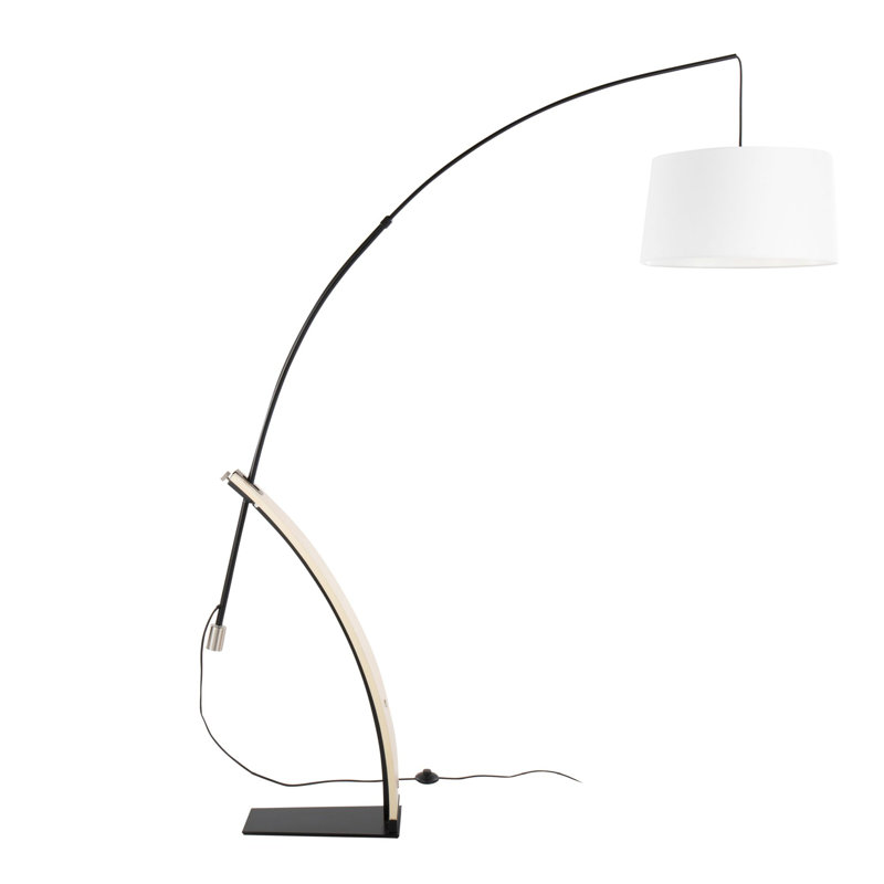 Lampe sur pied moderne Mid-Century, bois naturel avec abat-jour en lin blanc