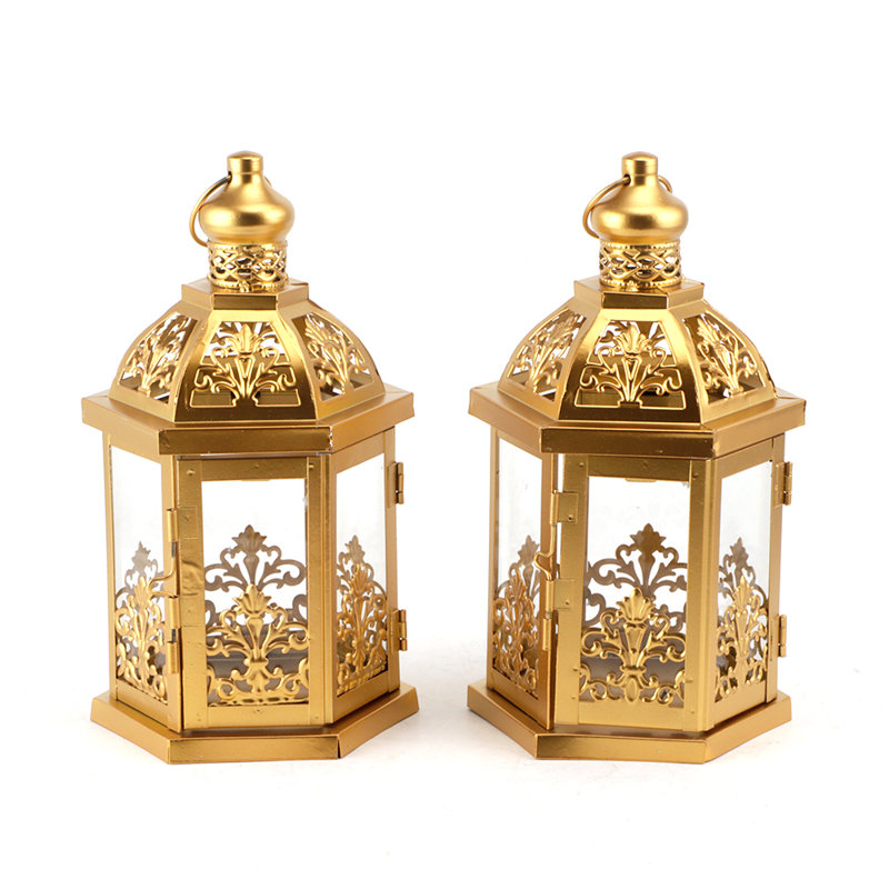 Set of Vintage Decorative Lanterns 9.5" H Hanging Lantern Metal (Gold Brush), 2, Gold