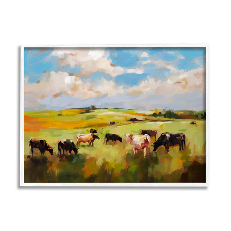 «Vaches qui broutent» par Ziwei Li, H 16 po x l 20 po x P 1,5 po, Giclée encadrée blanc bord de mer