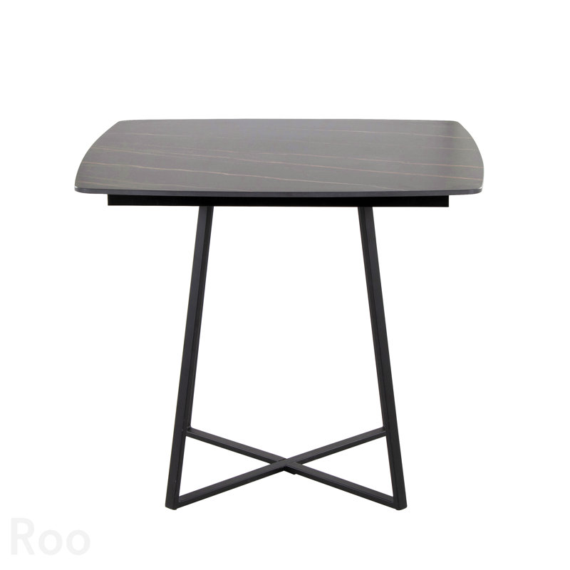 Table avec base en métal noir et bois noir avec plateau en céramique effet marbre noir
