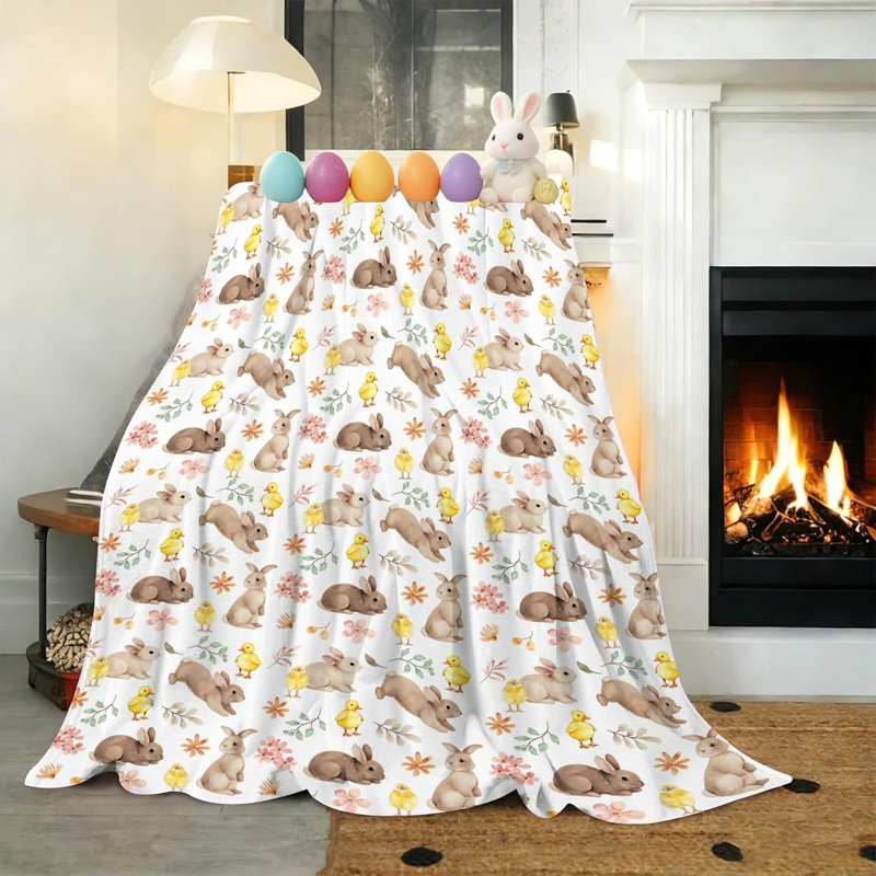 Easter Throw Blanket, Soft Flannel Bunny Blanket with Watercolor Floral Design, Lightweight Warm Easters Blanket Throw for Couch Sofa Bed, Cozy Easter Decor for Spring
