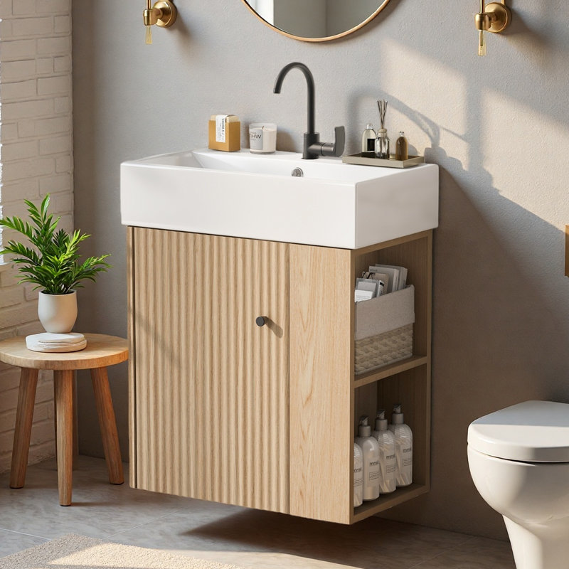 Meuble-lavabo simple mural 21,6 po avec plateau en céramique et partie droite droite 21,6 po, Marron clair, Noir