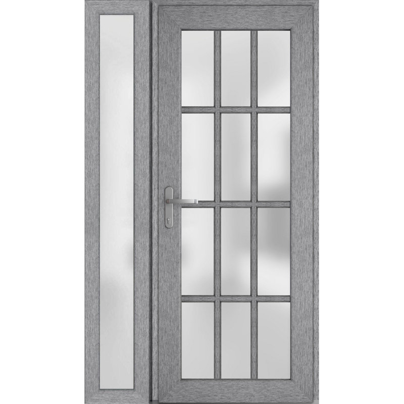 Front Exterior Prehung FiberGlass Door Frosted Glass / Manux 8312 Grey Ash / Side Exterior Window / Office Commercial and Residential Doors Entrance Patio Garage-W36+12" x H80"-Right-hand Inswing