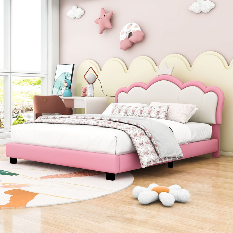 Lit plateforme tapissier Zenovea avec tête de lit couronne, Double, White