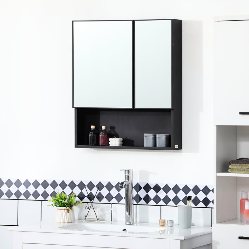 Armoire de salle de bain noire à miroir avec portes doubles et tablettes réglables, pour plus de commodité