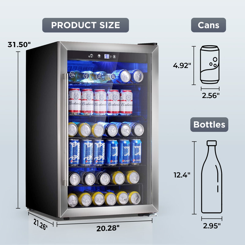 20.3"W 4.4 Cu.ft Beverage Refrigerator, Mini Fridge Holds 37 Bottles or 145 Cans, Touch Control, 32-61℉, Quiet <38dB, LED Light