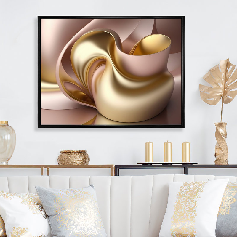 Minimal liquide or et vagues taupe VI - reproduction sur toile, L 32 po x H 16 po, Cadre flottant noir