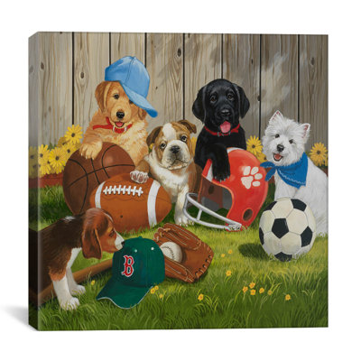 "Let's Play Ball (Puppies)" by William Vanderdasson Painting Print on Canvas