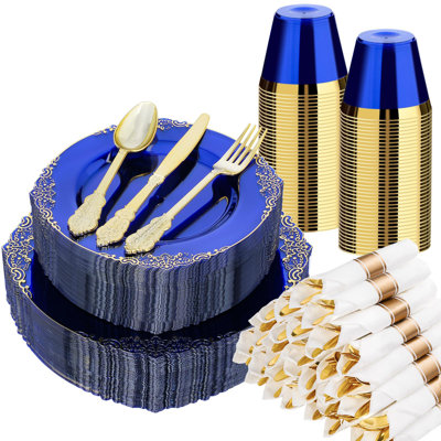 350 assiettes en plastique bleu et or 350 pièces, ensemble de vaisselle jetable pour 50 invités, 100 assiettes jetables, 150 pièces d'argent, 50 tasses, 50 serviettes de table pour le mariage, la fête, la remise des diplômes