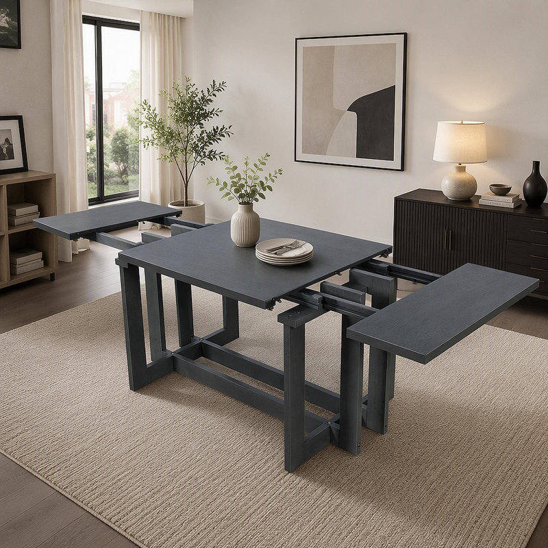 Rustic 82inch Extendable Dining Table, Trestle Kitchen Table with Two 12'' Removable Leaf, Grey