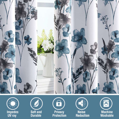 100% Blackout Curtains 2 Panels Set Cattleya Floral Printed Drapes Leah Floral Thermal Curtains for Bedroom with Black Liner Sound Proof Curtains