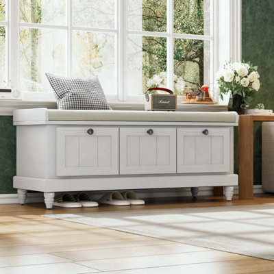 Banc à chaussures classique avec coussin et trois tiroirs, banc d'entrée cannelé avec rangement pour le salon, le vestibule et les couloirs