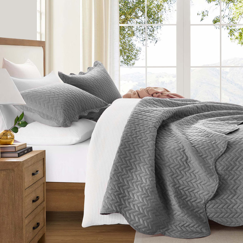 Ensemble de couvre-lit en microfibre embossée, Gris, Grand (90 po x 96 po)