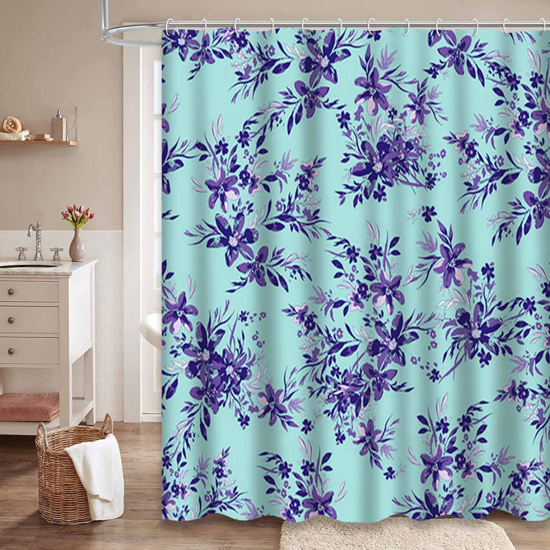 Rideau de douche à motif floral turquoise et bleu avec 12 crochets, L 72 po x l 84 po