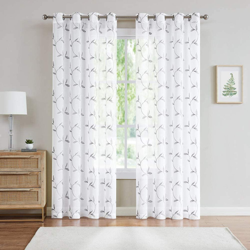 Floral Sheer Grommet Curtain Panels with Stitched Leaf Embroidery, Charcoal, 	54" W x 96" L