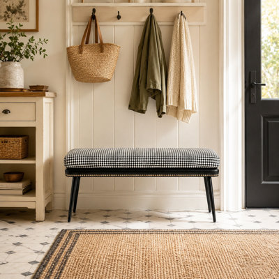 32-Inch Retro Upholstered Entryway Bench, Combines Leather And Fabric With Removable Cushion, Serves As Bed End Bench Or Small Dining Seat For Living Room Hallway