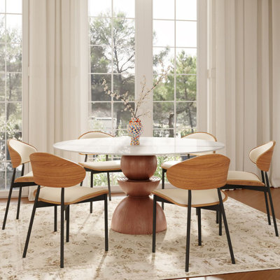7Pcs Round Dining Table Set - 6 Upholstered Chairs