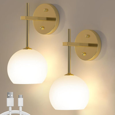 Battery Rechargeable Wall Lights Set of 2, Sconces Wall Lamps with Frosted Glass