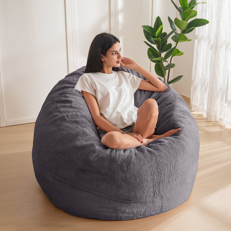 4/5ft Foam Filled Bean Bag Chair, 47.2" H x 47.2" W x 25.6" D, Gray Faux Fur