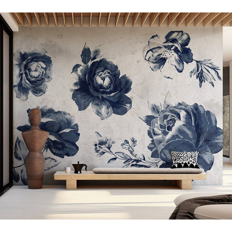 Papier peint floral - Jardin des souvenirs - bleu, L 27 po x l 39 po