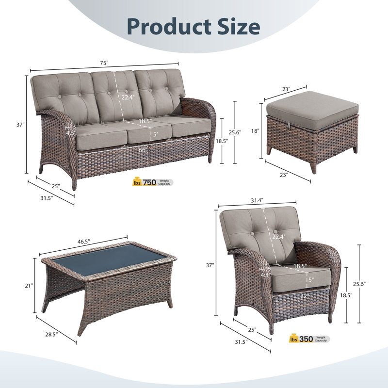 Ensemble de meubles de patio 6 pièces, ensemble de sièges d'extérieur toutes saisons avec fauteuils club et table basse, Gris