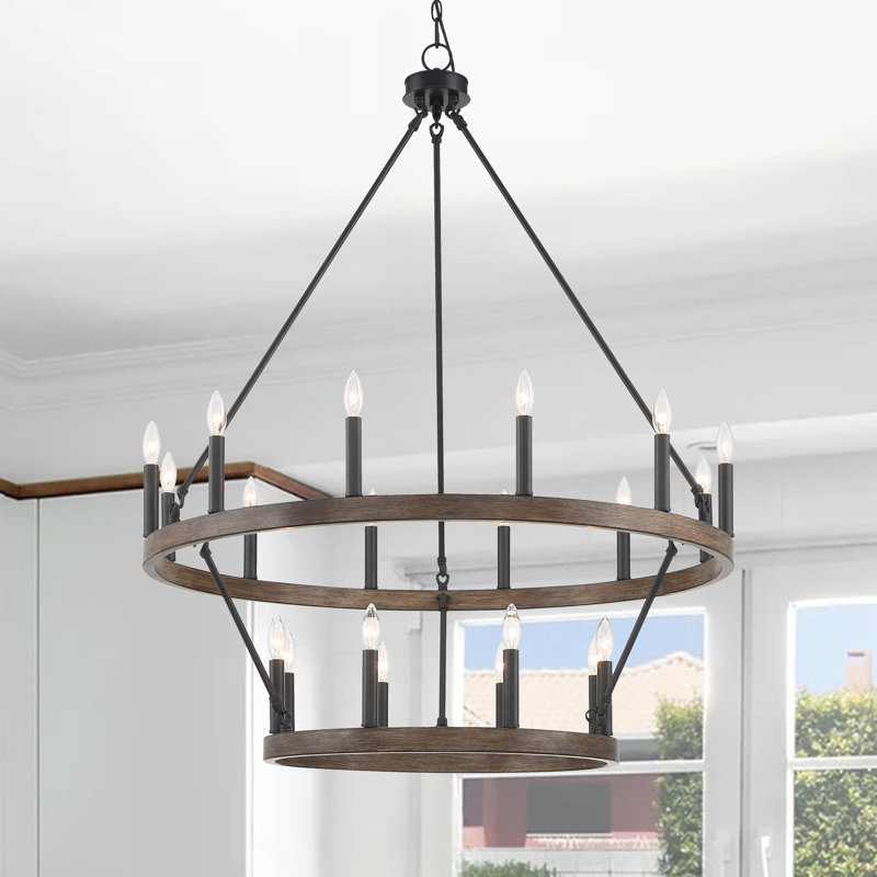Farwell  2 Tier 20 Light Wagon Wheel Candle Style Chandelier, Walnut/Black