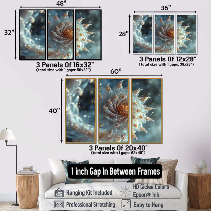 Winter Magic Curl - ensemble d'art mural fractal, Cadre flottant brun, H 32 po x l 48 po x P 1 po