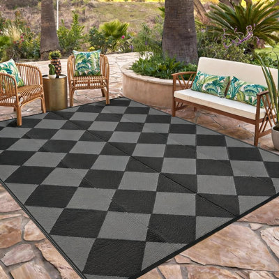 Tapis d'extérieur réversible imperméable en paille de plastique 274 x 366 cm (9 x 12 pi), motif à carreaux noir et gris moderne, léger, pliable, facile à nettoyer, résistant à la décoloration, idéal pour VR, terrasse, camping, jardin et plage.