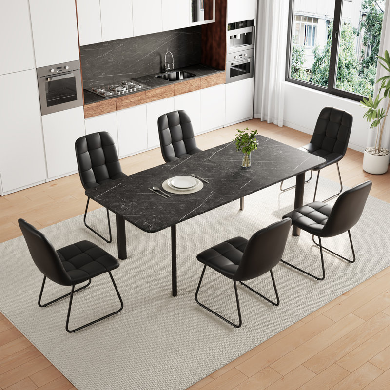 Ensemble de table à manger 7 pièces, 6 à 8 personnes avec 6 chaises modernes pour la cuisine et la salle à manger, Noir