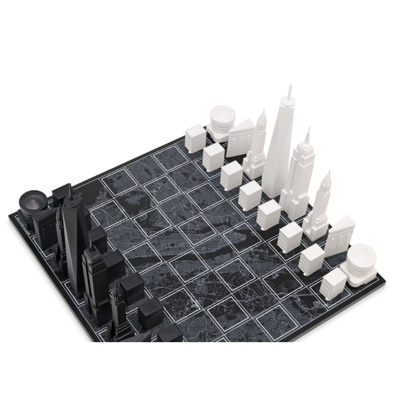 Acrylic New York Chess Set with Wood Map Board, White/Black