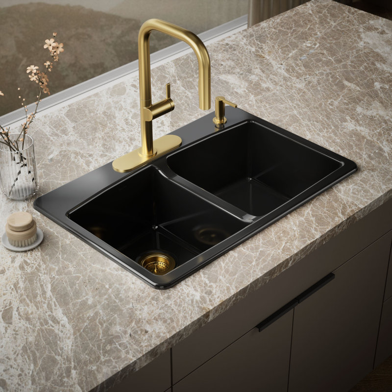 33" L x 22" W x 9-5/8" Top-Mount Double-Equal Kitchen Sink, 4 Hole, Black