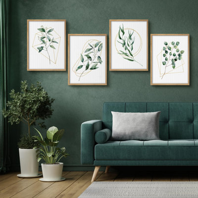 Aquarelle, feuilles vertes botaniques et or, œuvre d'art moderne minimaliste, décoration murale