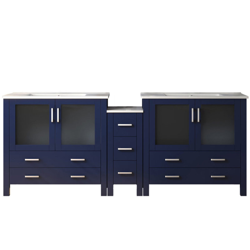 Meuble-lavabo double bleu marine 84 po X 18,25 po - Bois massif en céramique blanche avec fermeture en douceur à l'épreuve des rayures et des taches, capacité de rangement de pointe de 84 po avec armoire latérale et armoires intérieures personnalisées