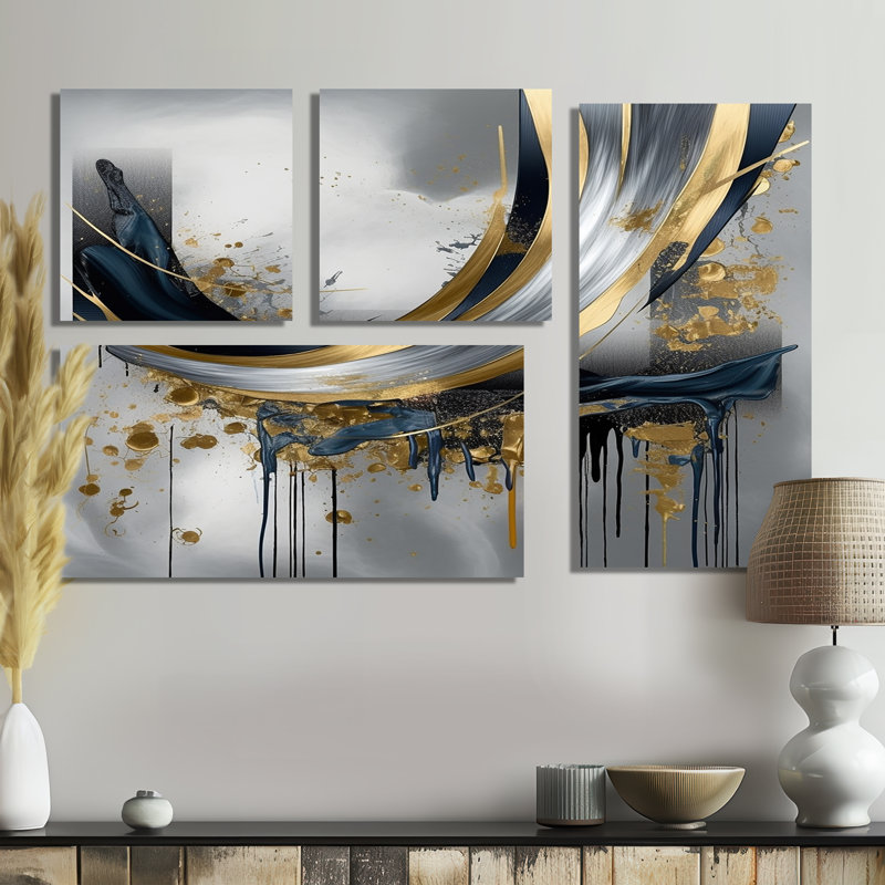 Shapes And Lines Abstract Marble V - Abstract Marble, reproduction d'art sur toile 4 pièces, Noir
