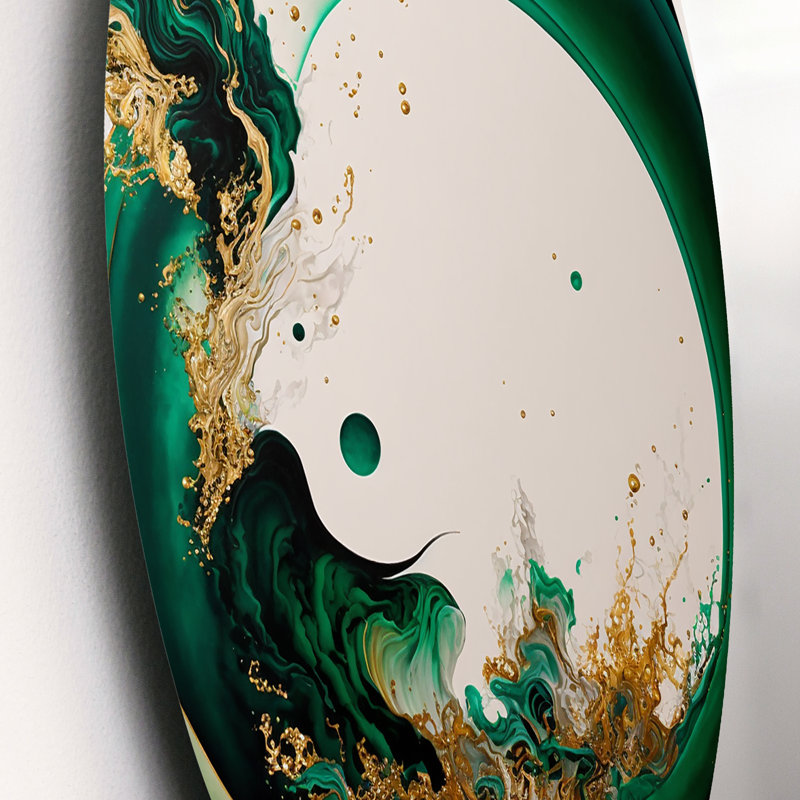 Vert émeraude et vagues abstraites dorées II - spirales abstraites, art mural sur métal, L 29 po x H 29 po