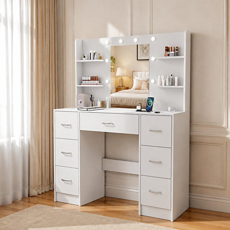 White Makeup Vanity With USB Charging, Power Outlet, Lighted Mirror, Vanity Desk With  3 Modes Adjustable Brightness Light for Bedroom