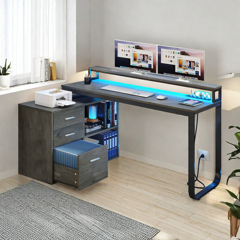 55'' L-Shape Computer Desk With LED Lights, Power Outlets & Drawer Shelves, Gray