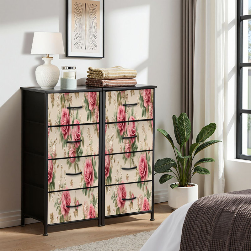 Commode pour chambre à coucher Commode pour chambre à coucher à motif floral rétro Boho rose, rose, beige, roses, feuilles vertes, petites commodes et commodes de rangement en tissu et bacs de rangement avec 4 tiroirs