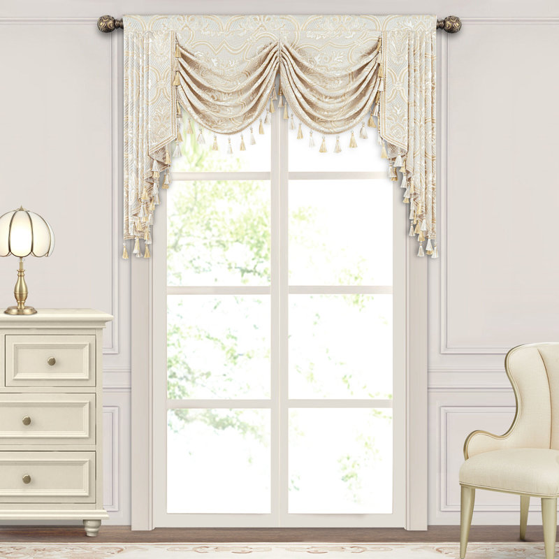 Elegant Swag Valance with Tassels, White Jacquard Waterfall Valance, 59" Window Treatment 1 Panel, 59" W x 45" L