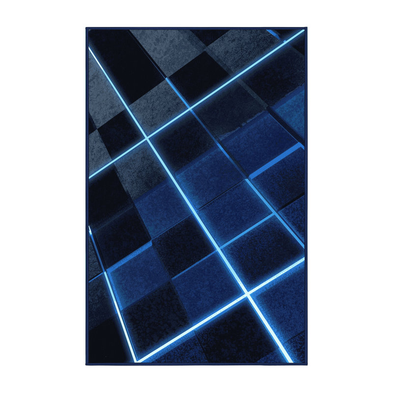 Machine Washable Pahola Retro Checkered Rug in Blue – Navy Binding, 3x5