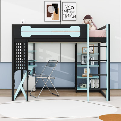 Full Wooden Loft Bed with Light Strip, USB Ports, Desk and Shelves