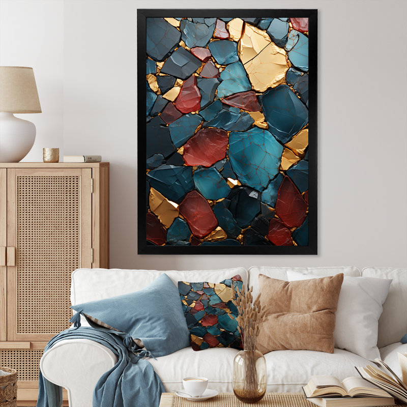 Blue And Red Marble Elegance III - Marble Wall Decor, Black Picture Framed, 32" H x 24" W x 1" D