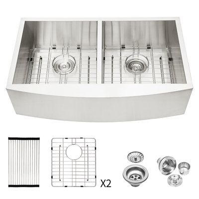 Évier de cuisine à double cuve à tablier frontal de 20 pouces de large en acier inoxydable T304 de calibre 16, profondeur 9, patin pour réduire le bruit, débit d'eau en forme de X, livré avec gabarit et drain 36 "x 20" 9 "50/50