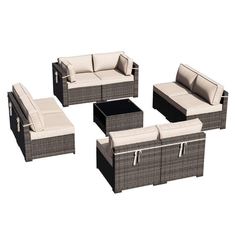 Ensemble de conversation modulaire pour patio en osier 8 personnes Riven avec coussins de soutien épais, Beige