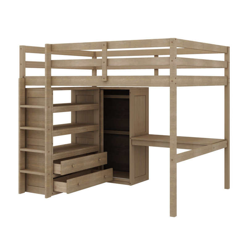 Lit mezzanine double en bois avec garde-robe, bureau, tablettes de rangement et tiroirs, Noyer