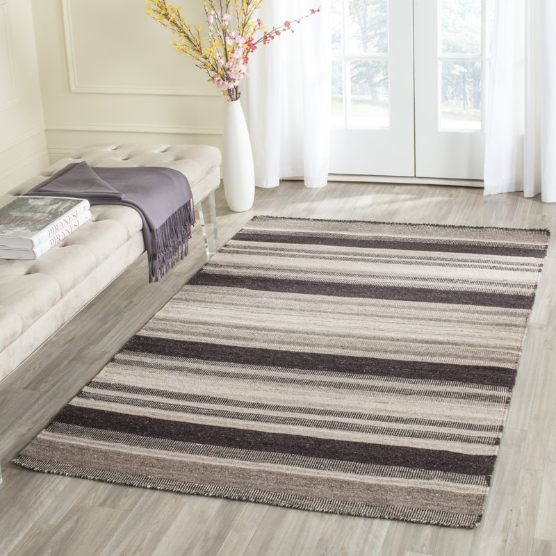 Rodgers Hand Woven Flat Weave H. S. Wool/Cotton Striped Rug in Black/Beige/Brown, Rectangle 8' x 10'