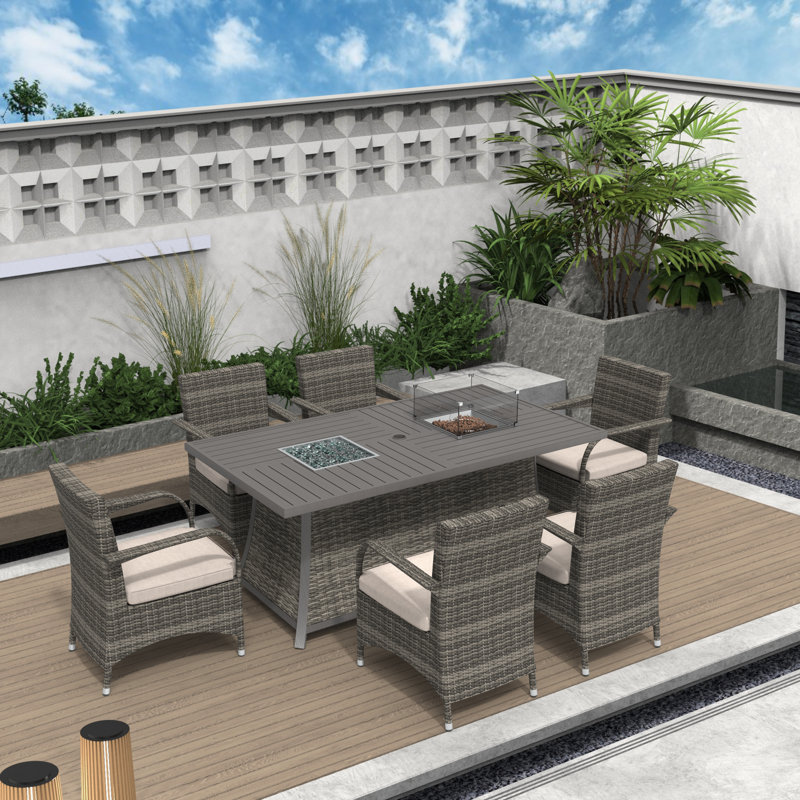 Cademon 6 - Person Wicker Patio Dining Set with Rectangular Table , Cushions Included, Gray