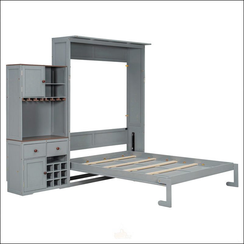 Grand lit escamotable avec armoire de rangement, Gris